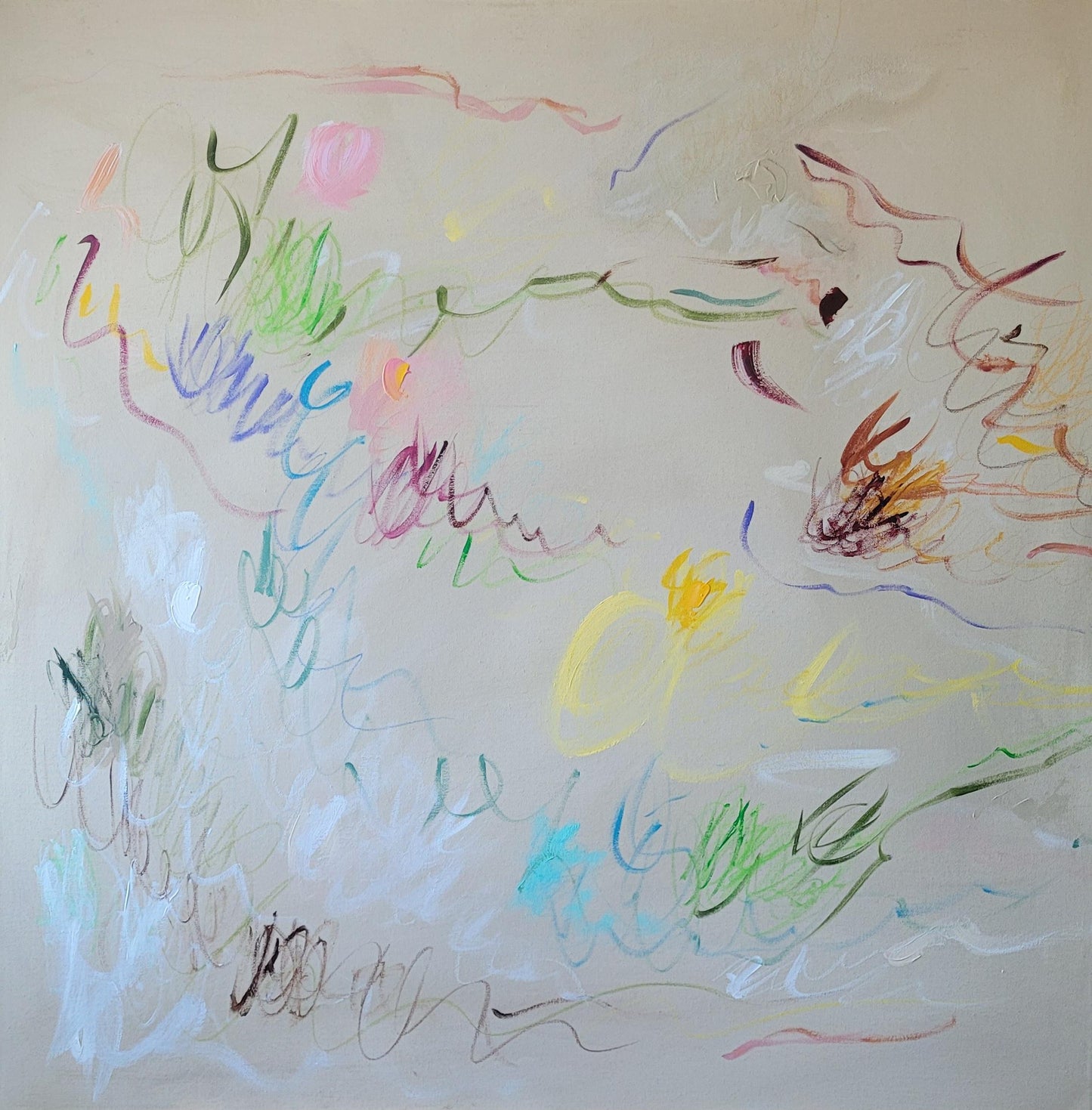 Toile abstraite aux couleurs pastel, formes fluides évoquant les saisons et la nature.