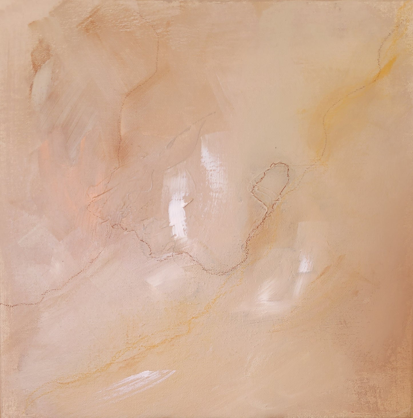 Toile abstraite beige aux touches douces, traits sinueux et texture subtile, art contemporain.