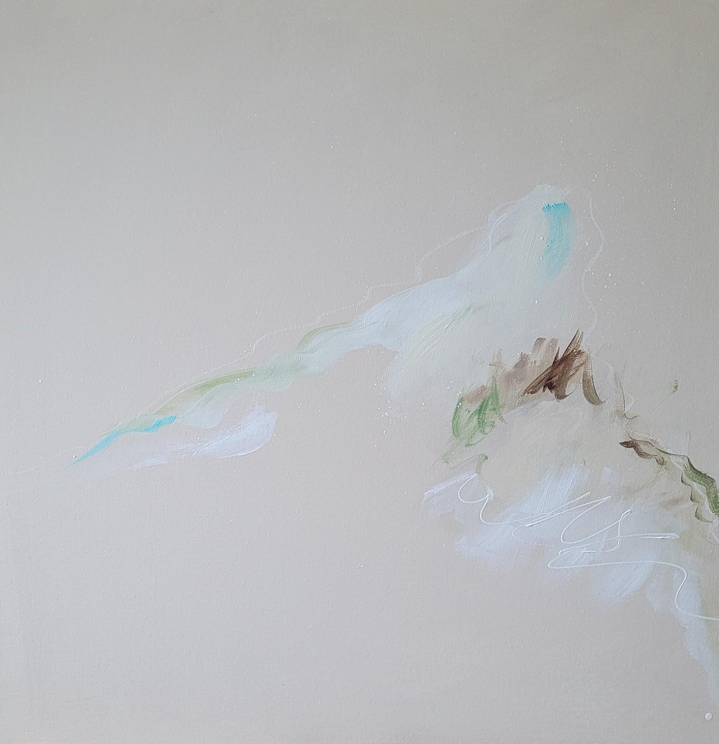 Tableau abstrait aux teintes douces, effet brume d'hiver beige, blanc, bleu et marron