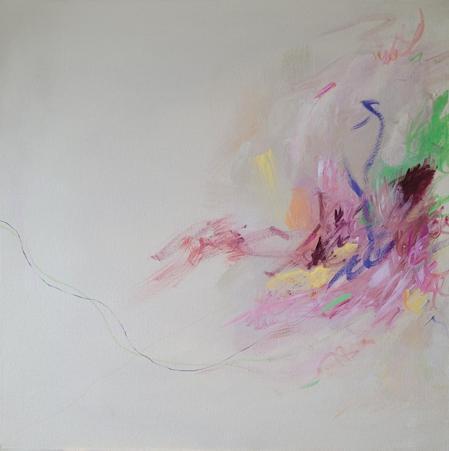 Tableau abstrait printanier avec touches pastel de rose, vert, jaune et violet sur fond blanc.