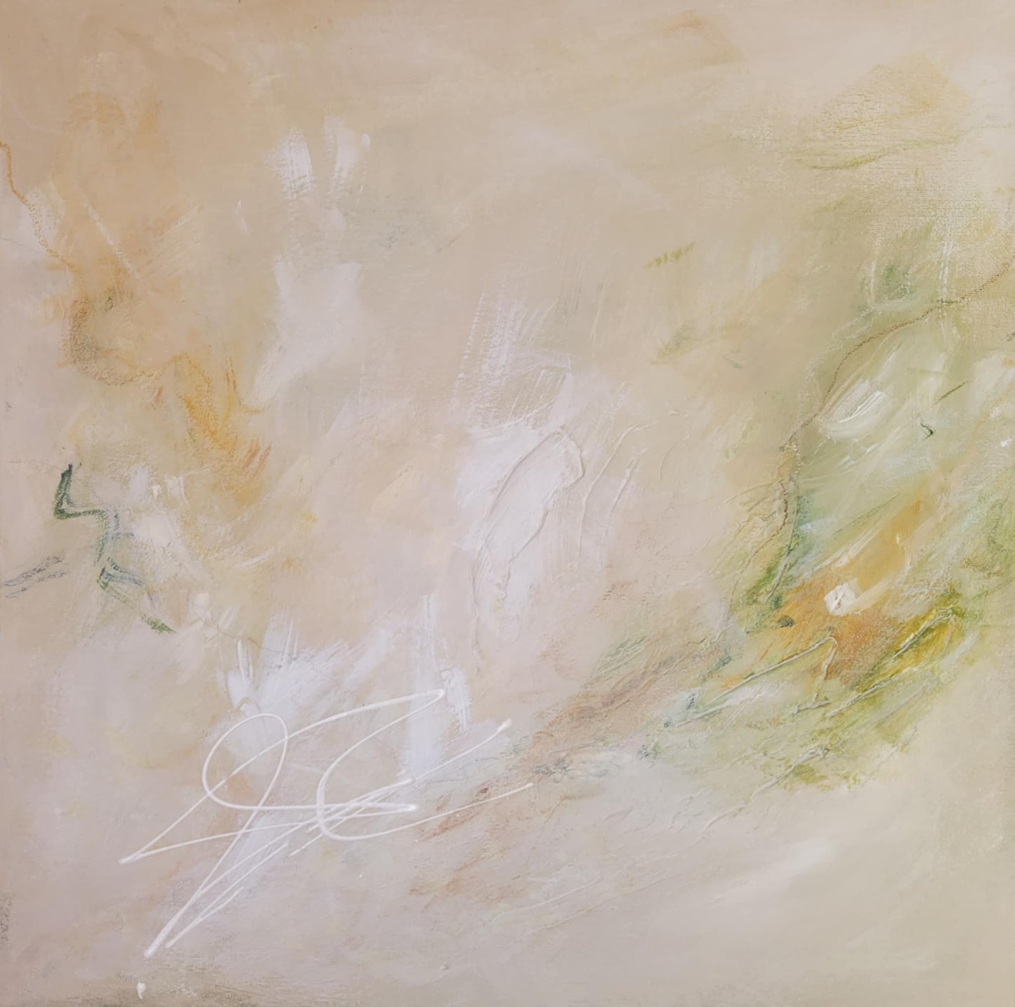 Tableau abstrait doux aux tons beiges, verts et jaunes, effets de brume et touches subtiles