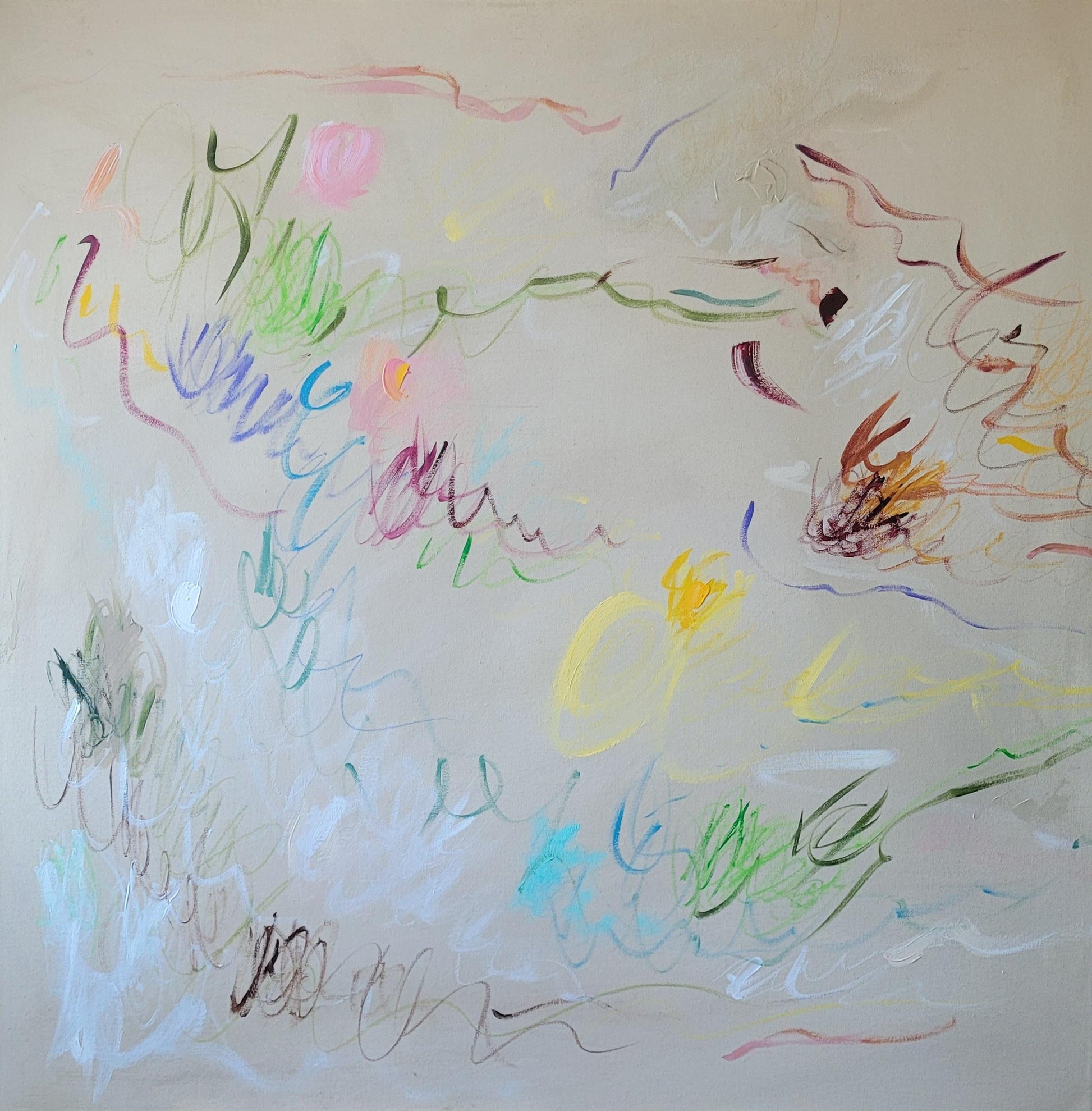 Toile abstraite aux couleurs pastel, formes fluides évoquant les saisons et la nature.