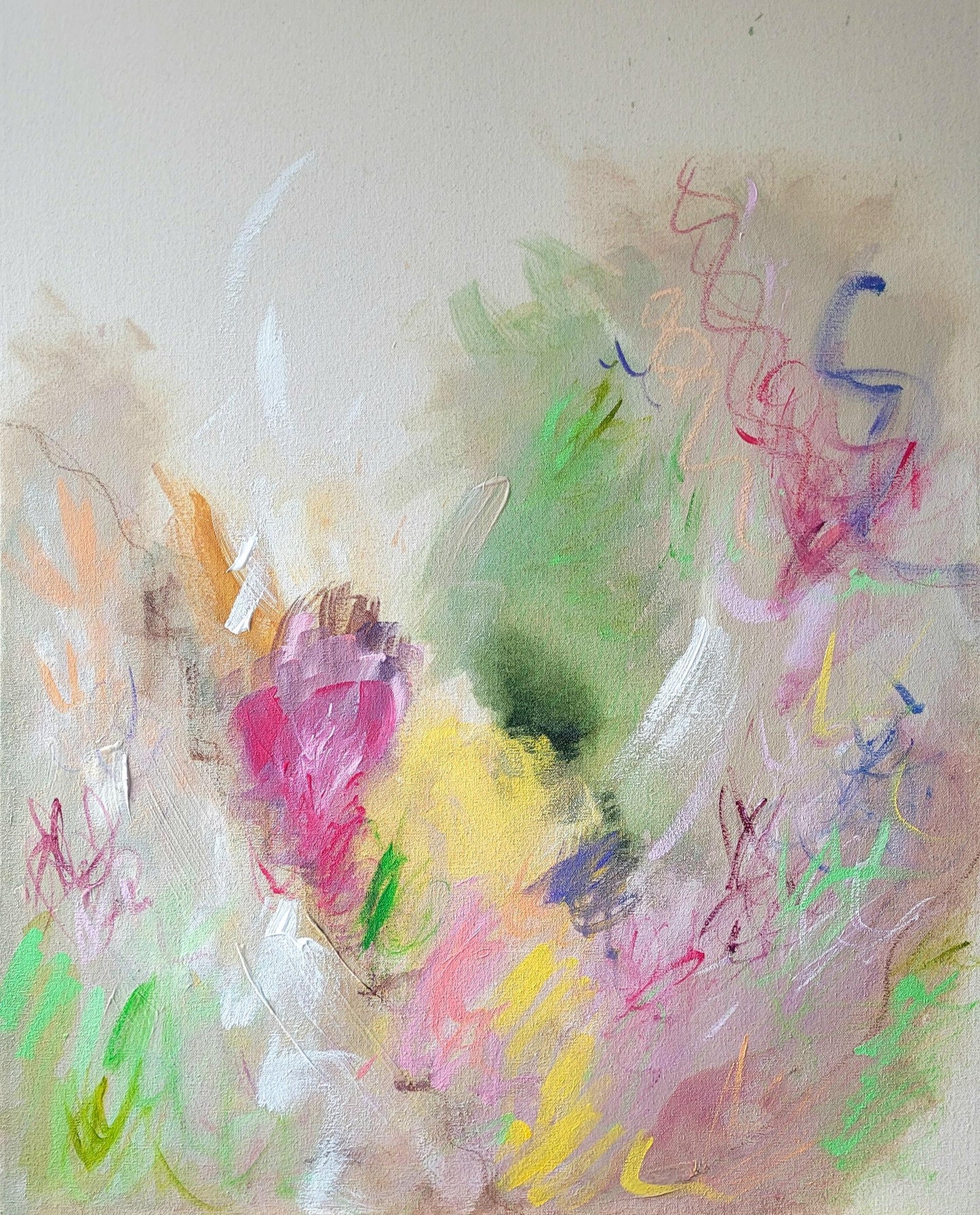 Tableau abstrait aux couleurs pastel, touches de rose, jaune, vert et mauve, ambiance florale légère