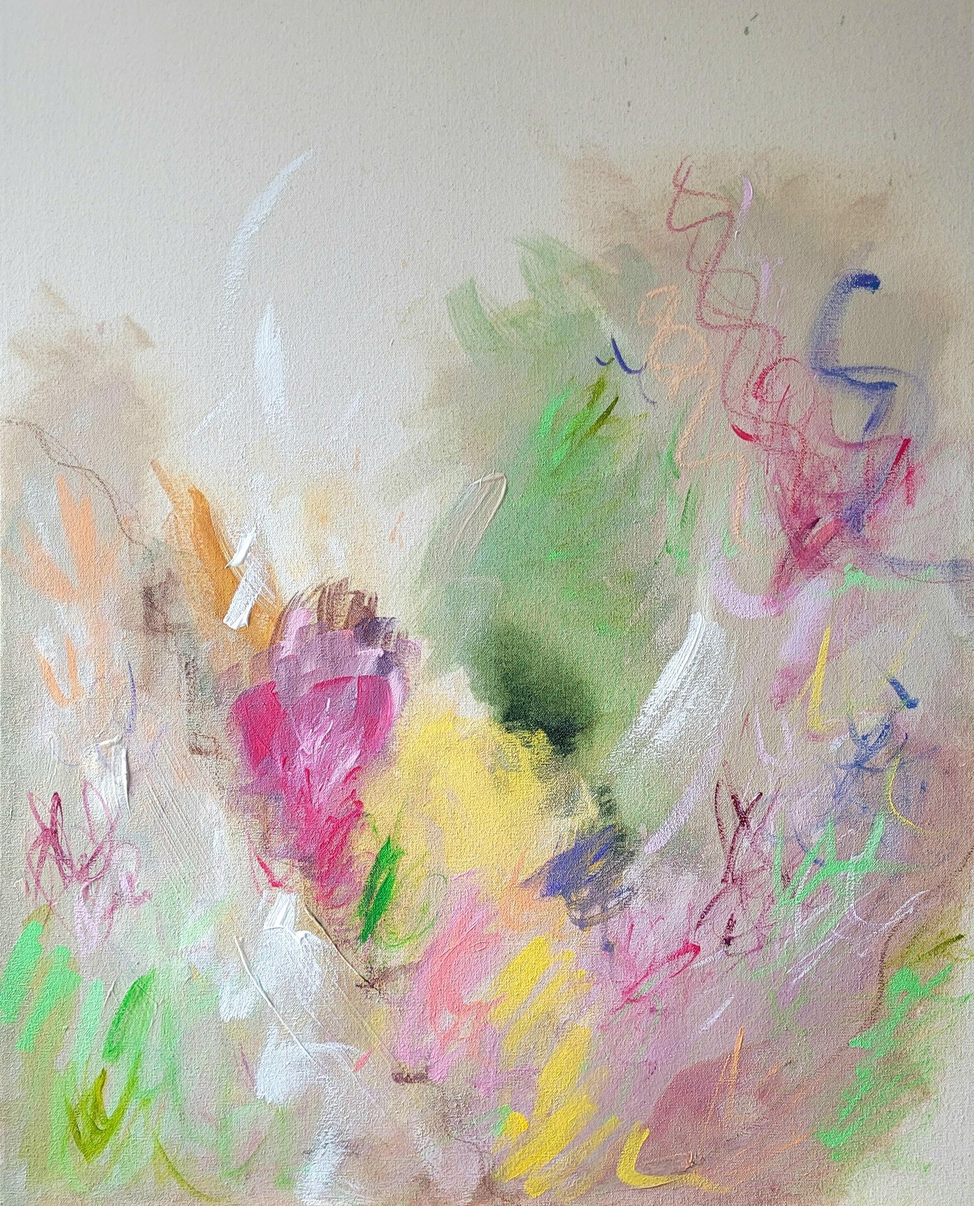 Tableau abstrait aux couleurs pastel, touches de rose, jaune, vert et mauve, ambiance florale légère
