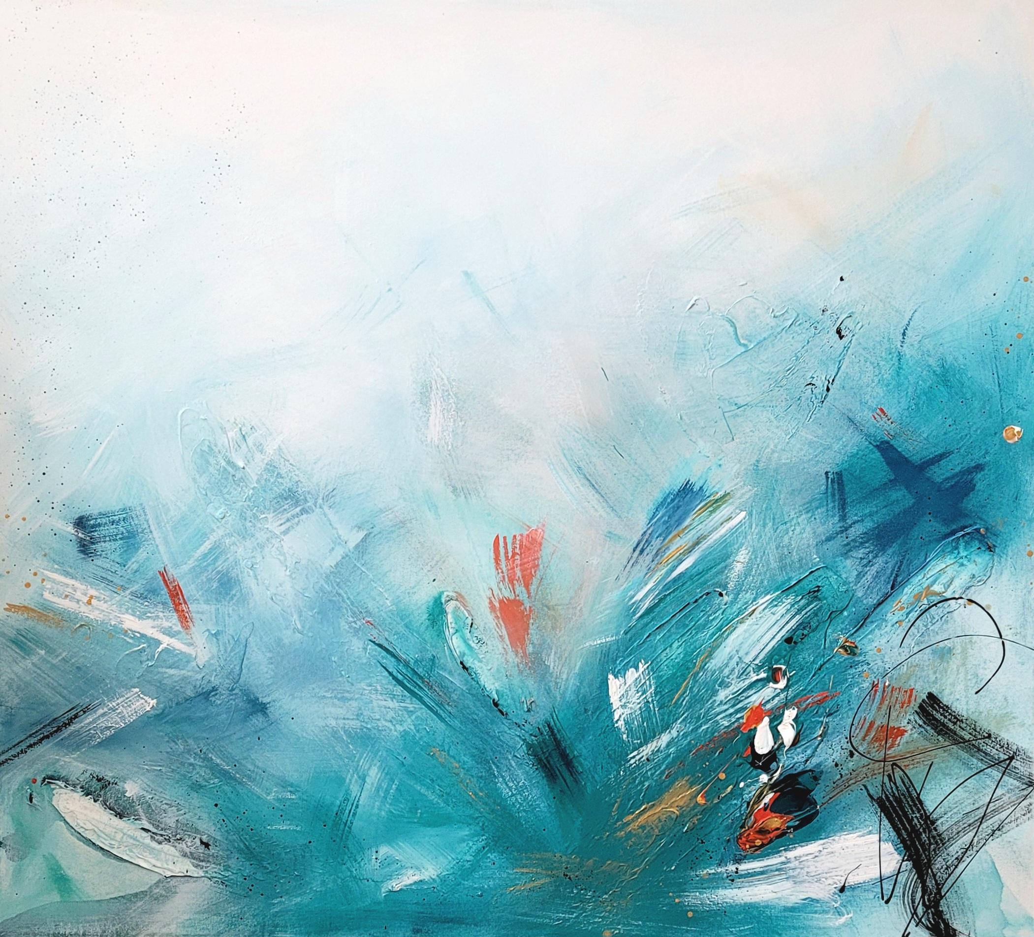 Peinture abstraite bleu turquoise avec touches rouges et noires sur fond clair.