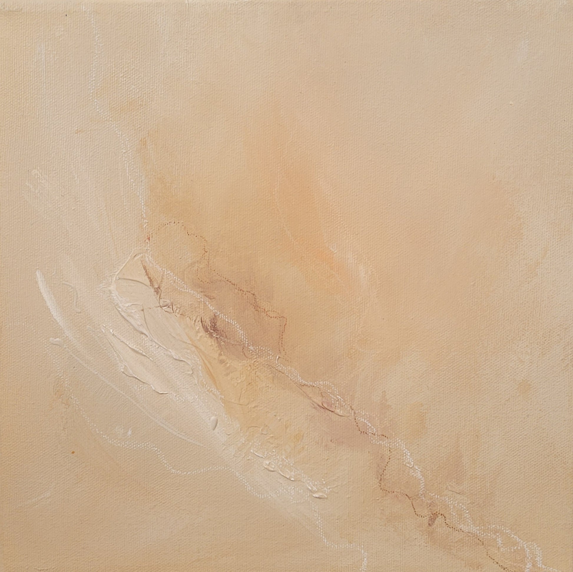 Peinture abstraite beige texturée, touches de blanc et de marron clair, ambiance douce.
