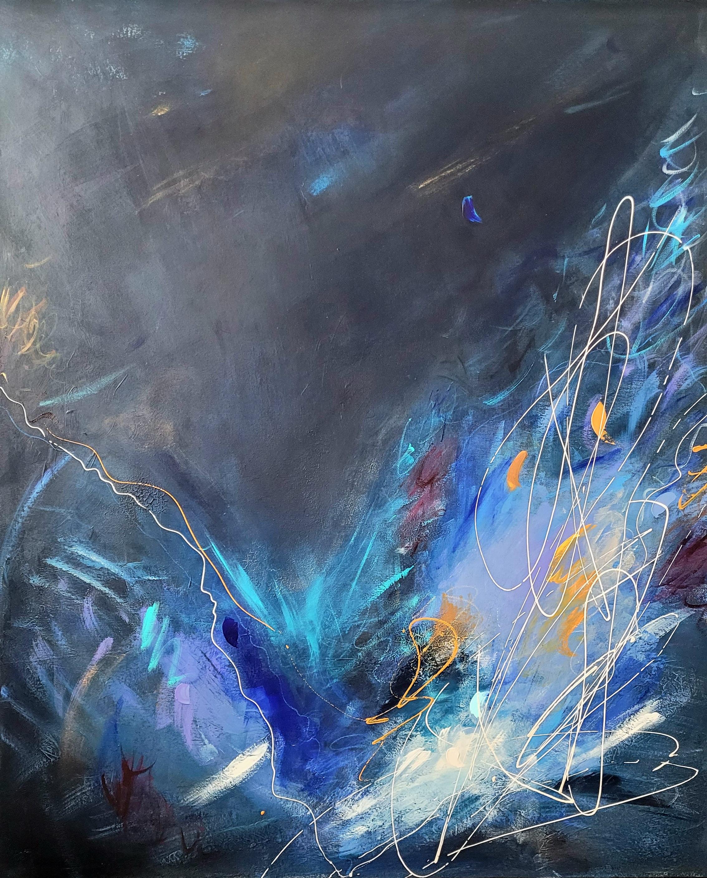 Toile abstraite bleue et noire avec touches de blanc, orange et tracés dynamiques, art contemporain