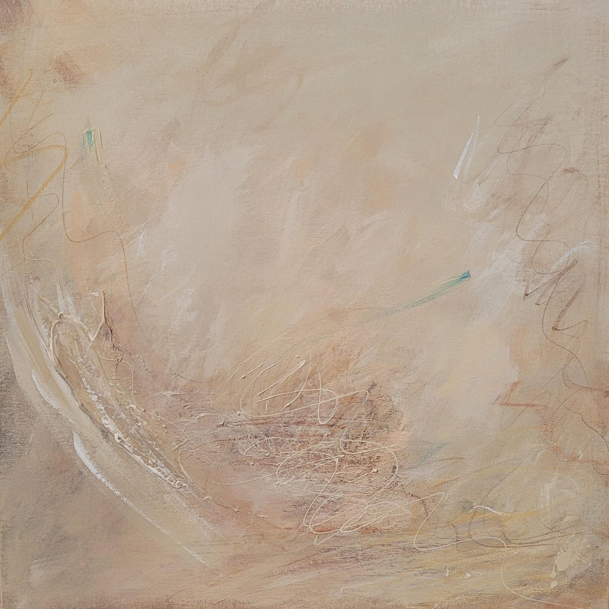 Peinture abstraite beige aux nuances douces, textures chaotiques et traits légers artistiques