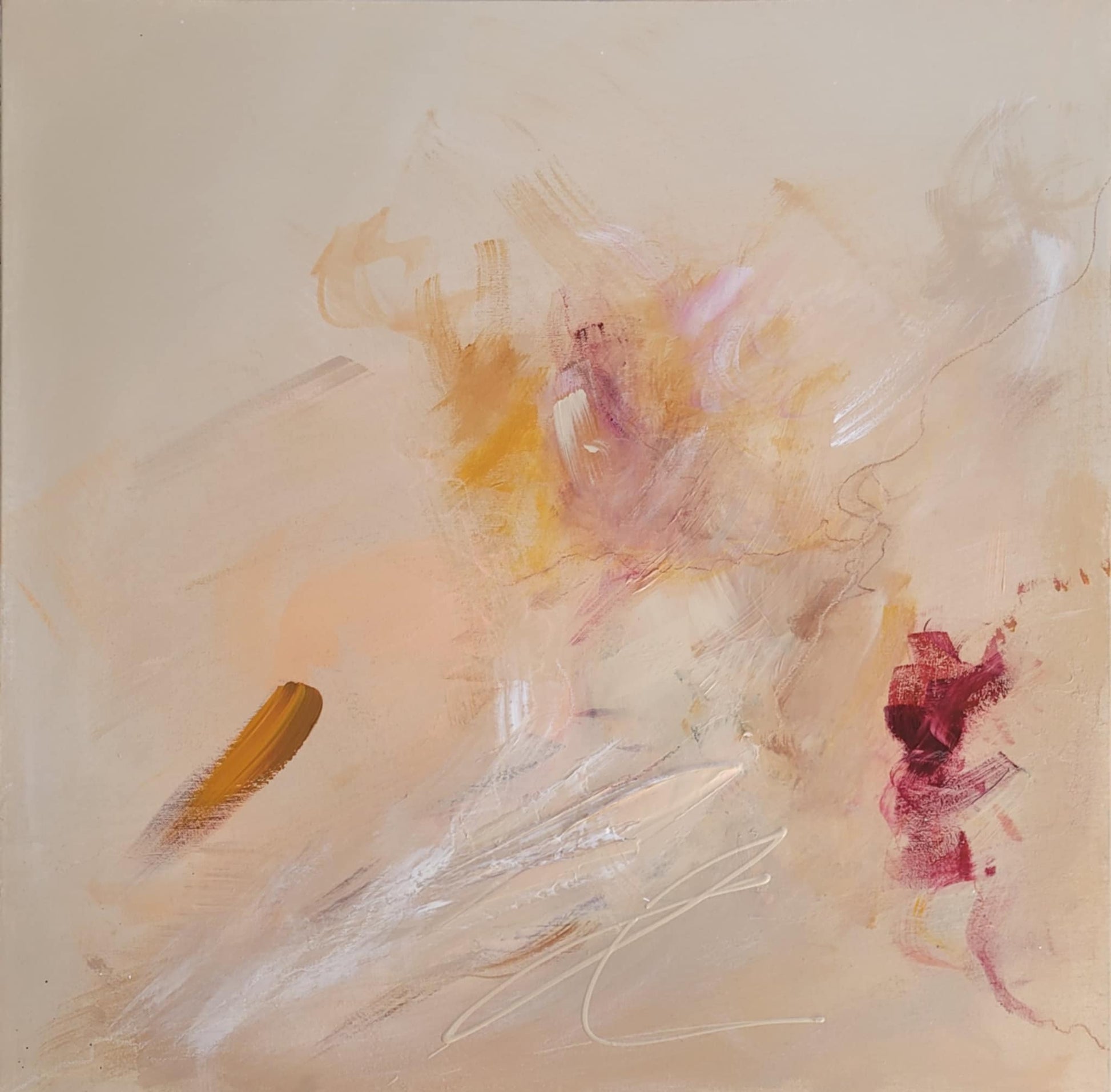 Tableau abstrait aux tons beiges, orange, rose et touches de rouge, effet doux et vaporeux.