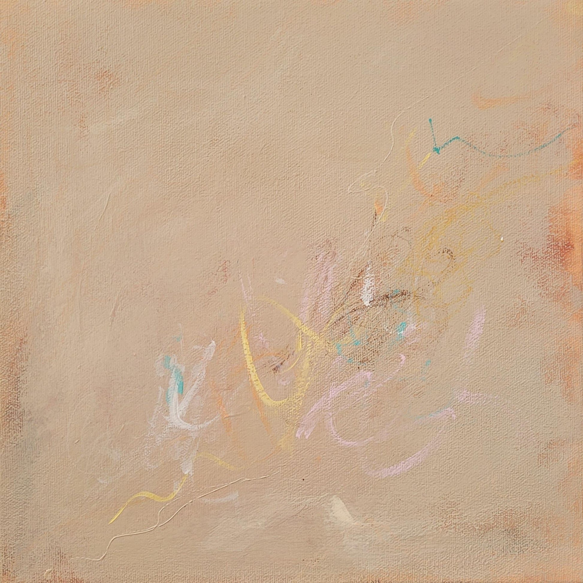 Tableau abstrait beige avec touches pastel, lignes jaunes, roses et bleues, style moderne