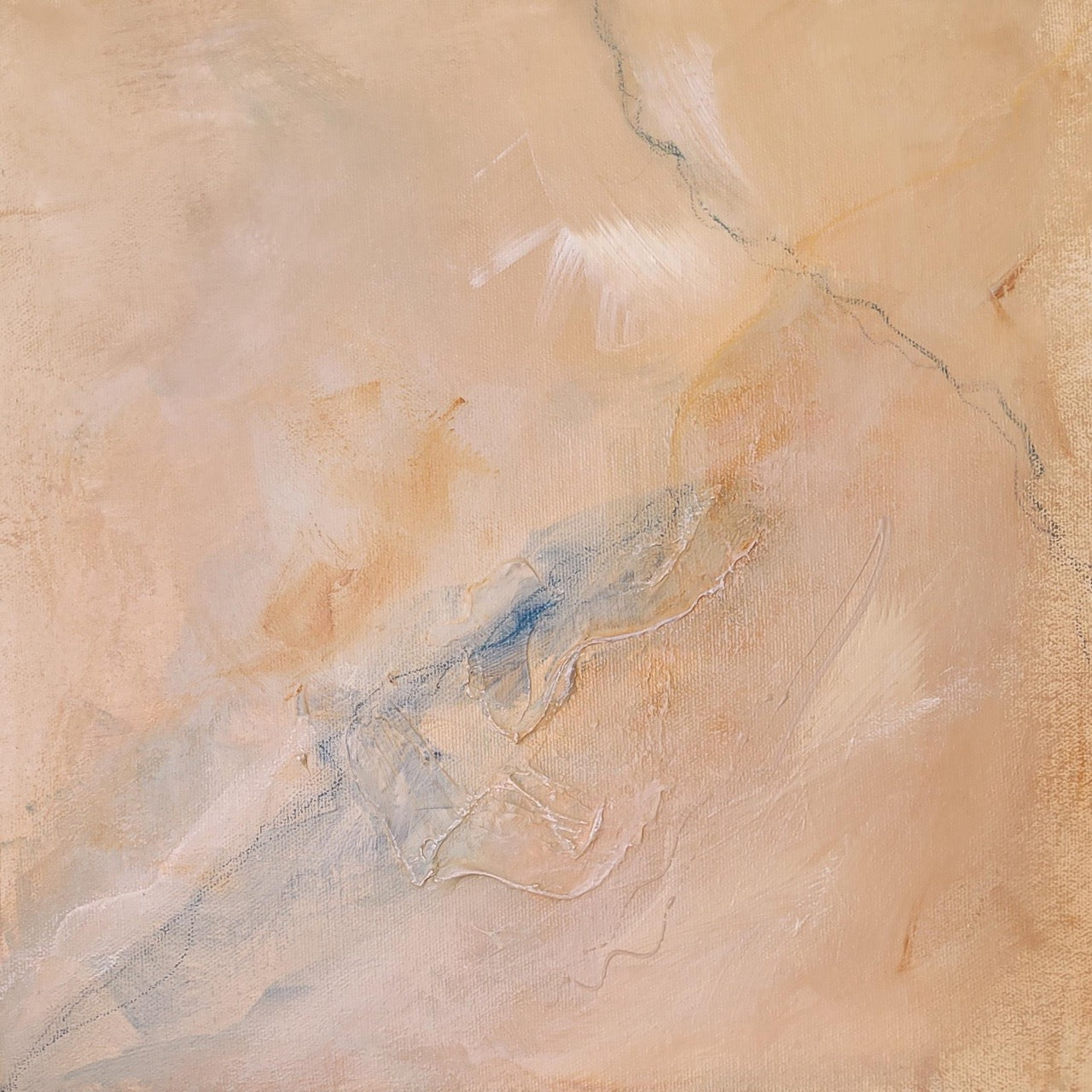 Peinture abstraite beige et bleu pastel, touches texturées, ambiance sereine et douce.