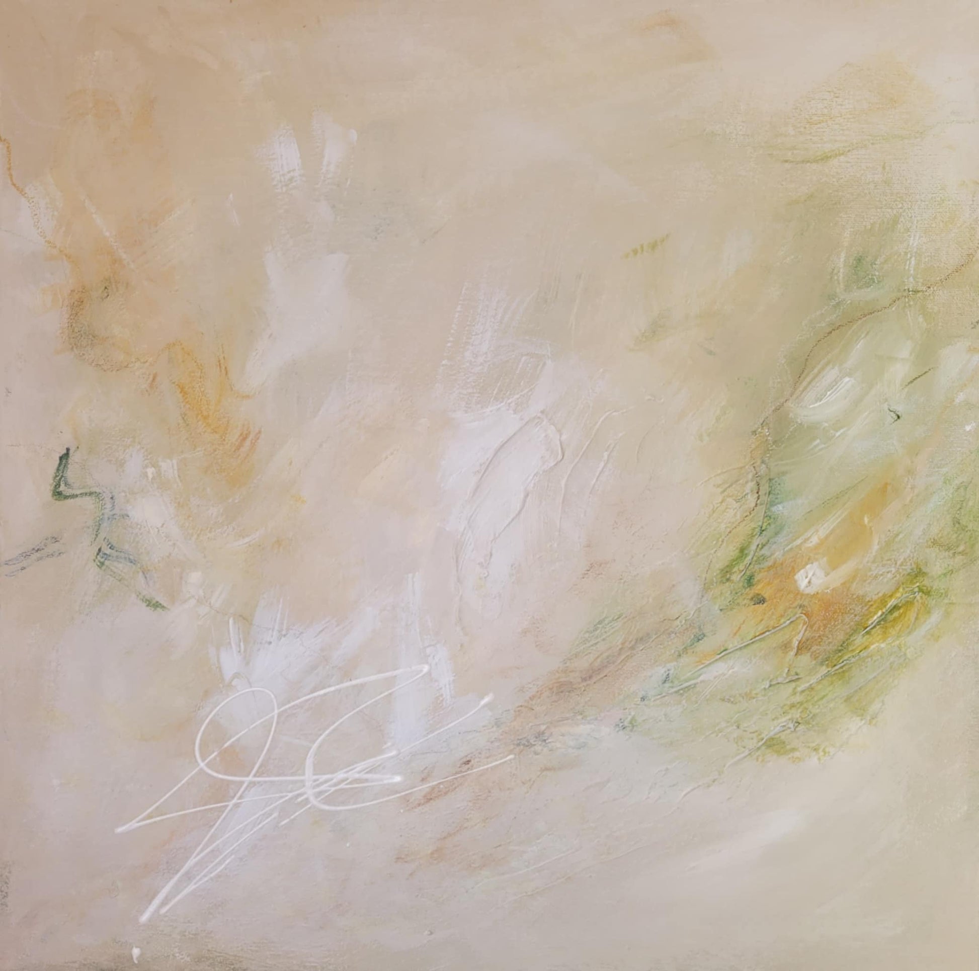 Tableau abstrait doux aux tons beiges, verts et jaunes, effets de brume et touches subtiles